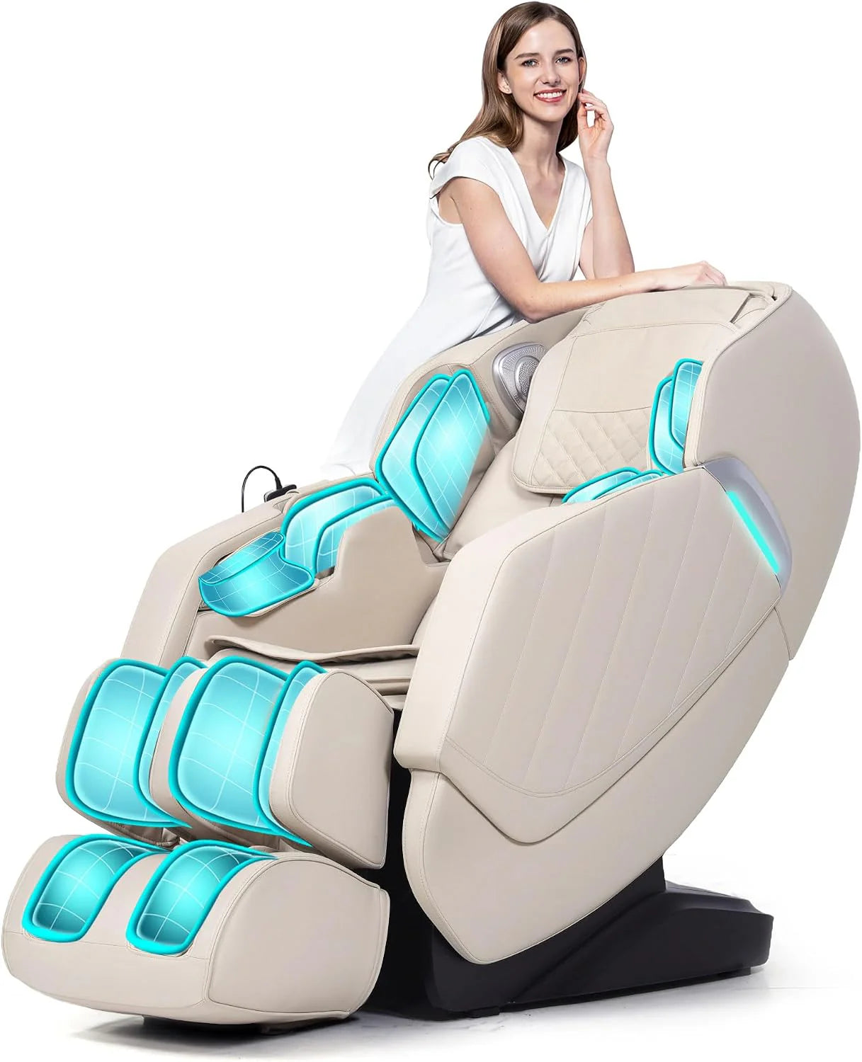 HealthRelife Massagestoel voor het hele lichaam, intelligente massagestoel, Zero Gravity, 3D-robotische handen met SL-rail, relaxstoel, bluetooth-luidspreker, zwart(HR302-beige)