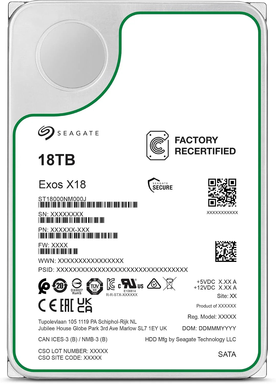 Seagate Exos X18 Enterprise, 18 TB harde schijf, CMR 3.5 inch, Hyperscale SATA 6 Gb/s, 7.200 rpm, 512e, 4Kn, lage latentie met verbeterde caching, HDD-modelnr.: ST18000NM000J (Refurbished)
