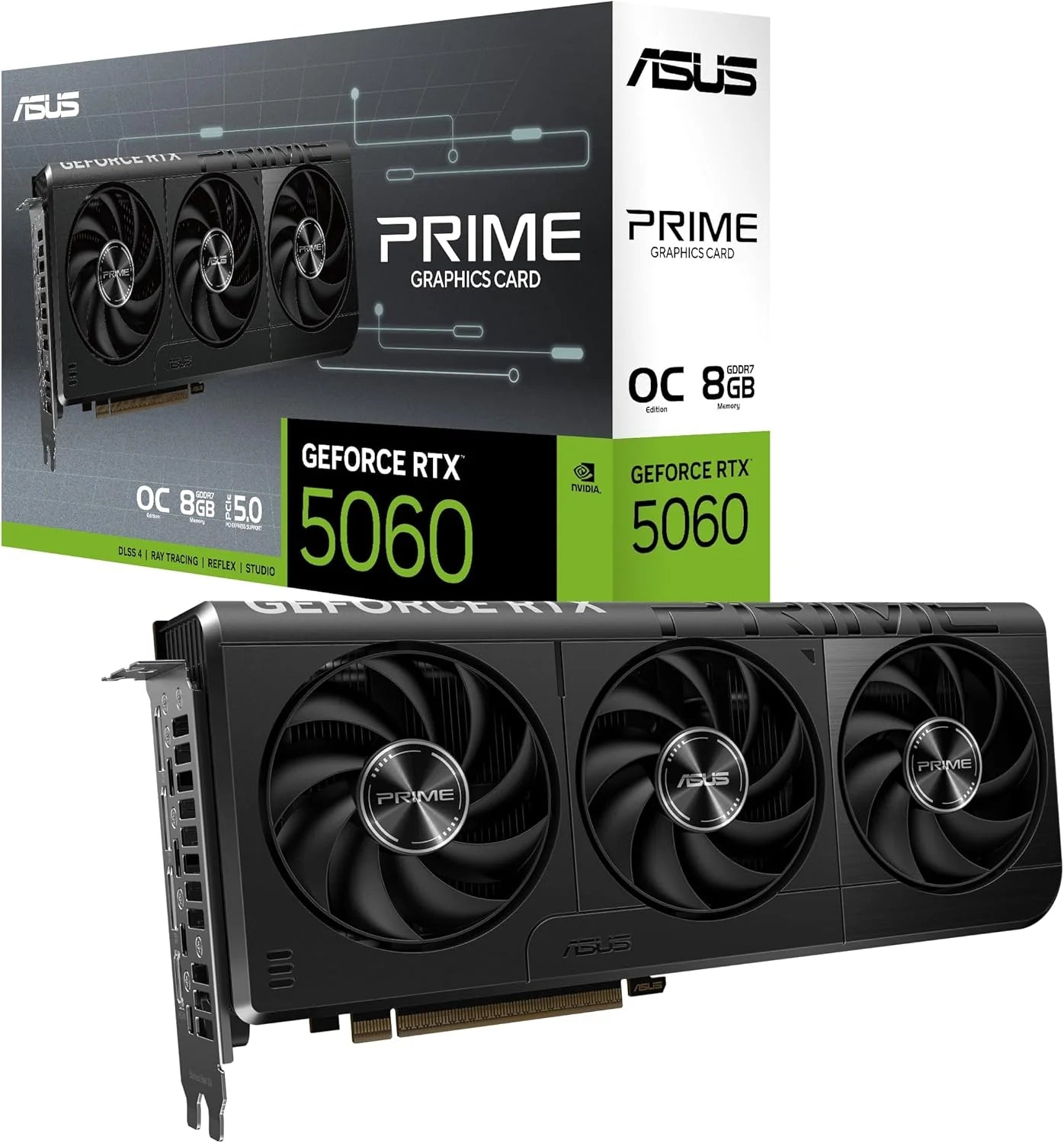 ASUS Prime GeForce RTX 5060 8 GB GDDR7 OC Edition Gaming grafische kaart (Nvidia GeForce RTX5060 DLSS 4, 2.5-sleuf ontwerp, PCIe 5.0, 3X DisplayPort 2.1b, 1x HDMI 2.1b, PRIME-RTX5060-O8G)