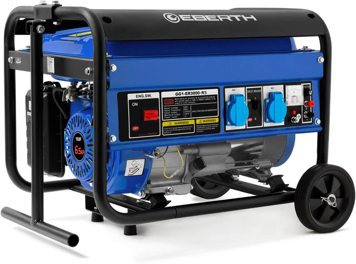 EBERTH 3000 watt Noodaggregaat met 6.5 pk benzinemotor, 4-takt, luchtgekoeld, 2x 230V, 1x 12V, trekkoordstart, automatische spanningsregelaar AVR, olietekortbeveiliging, voltmeter(Met onderstel)