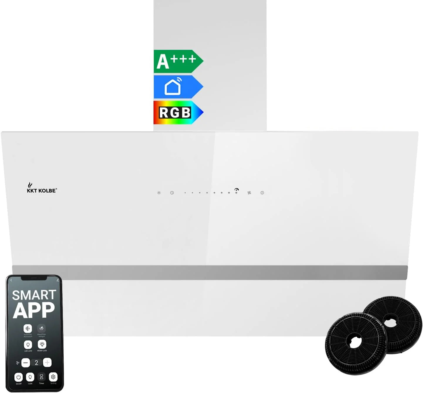 KKT KOLBE EASY9005WM Afzuigkap, 90 cm, 782 cbm/h convectielucht afvoerlucht, kopvrij, wandkap, wit glas, smart wifi-app, wifi, RGBW-ledverlichting