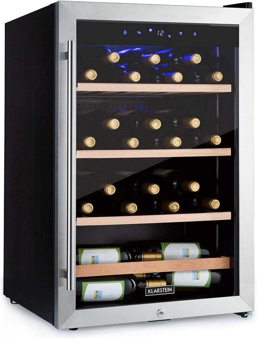 Klarstein Vinamour - wijnkoeler met glazen deur, wijnkoeler, wijntemperatuurregelkast, touch control, vrijstaand, inhoud: 128 liter, 48 flessen, temperaturen: 4-18 ° C, roestvrij staal