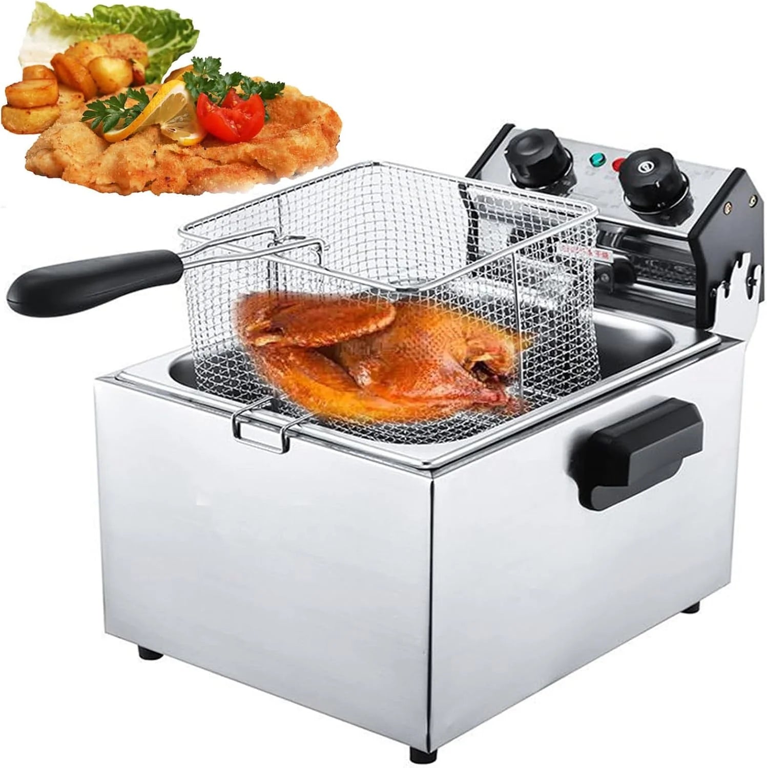 Elektrische frituurpannen, grote roestvrijstalen frituurpannen voor commercieel gebruik, rookvrije frituurpan met manddeksels, voor friet, kip en garnalen (2x 6 liter)(6L)
