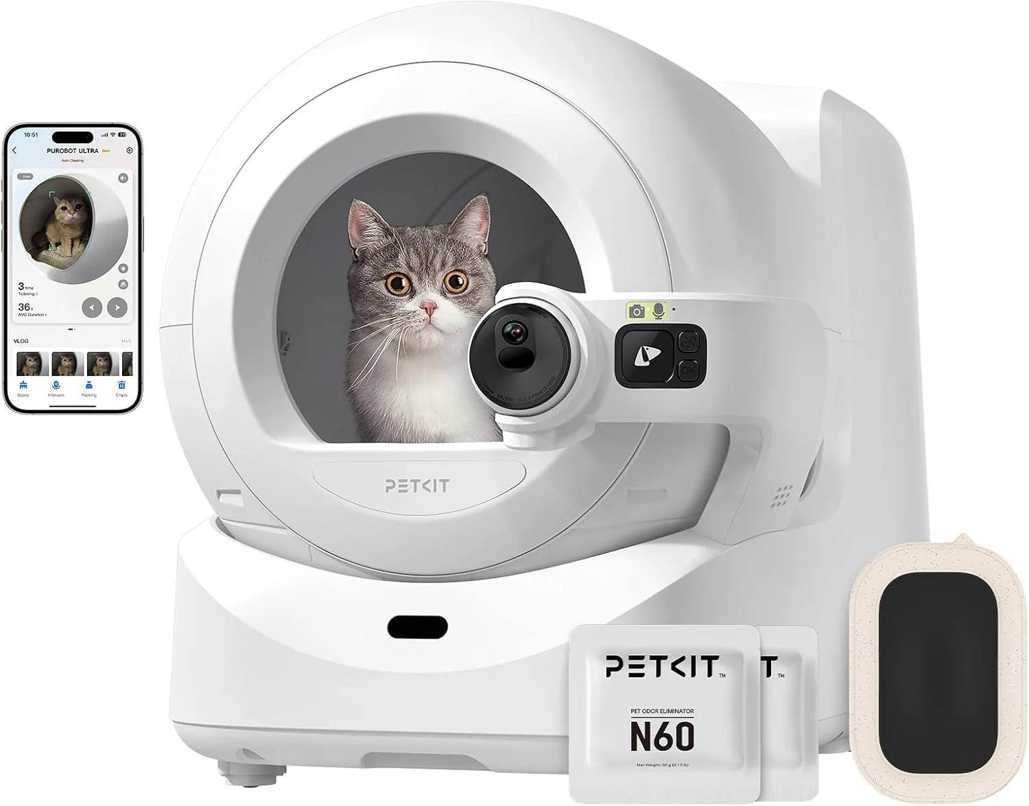 PETKIT PUROBOT ULTRA Zelfreinigende Kattenbak, AI Camera, Automatisch Inpakken, Automatisch Kattenbak, 2.4G en 5G Wifi, App Controle, Geur Eliminatie, 70L, voor Verschillende Katten