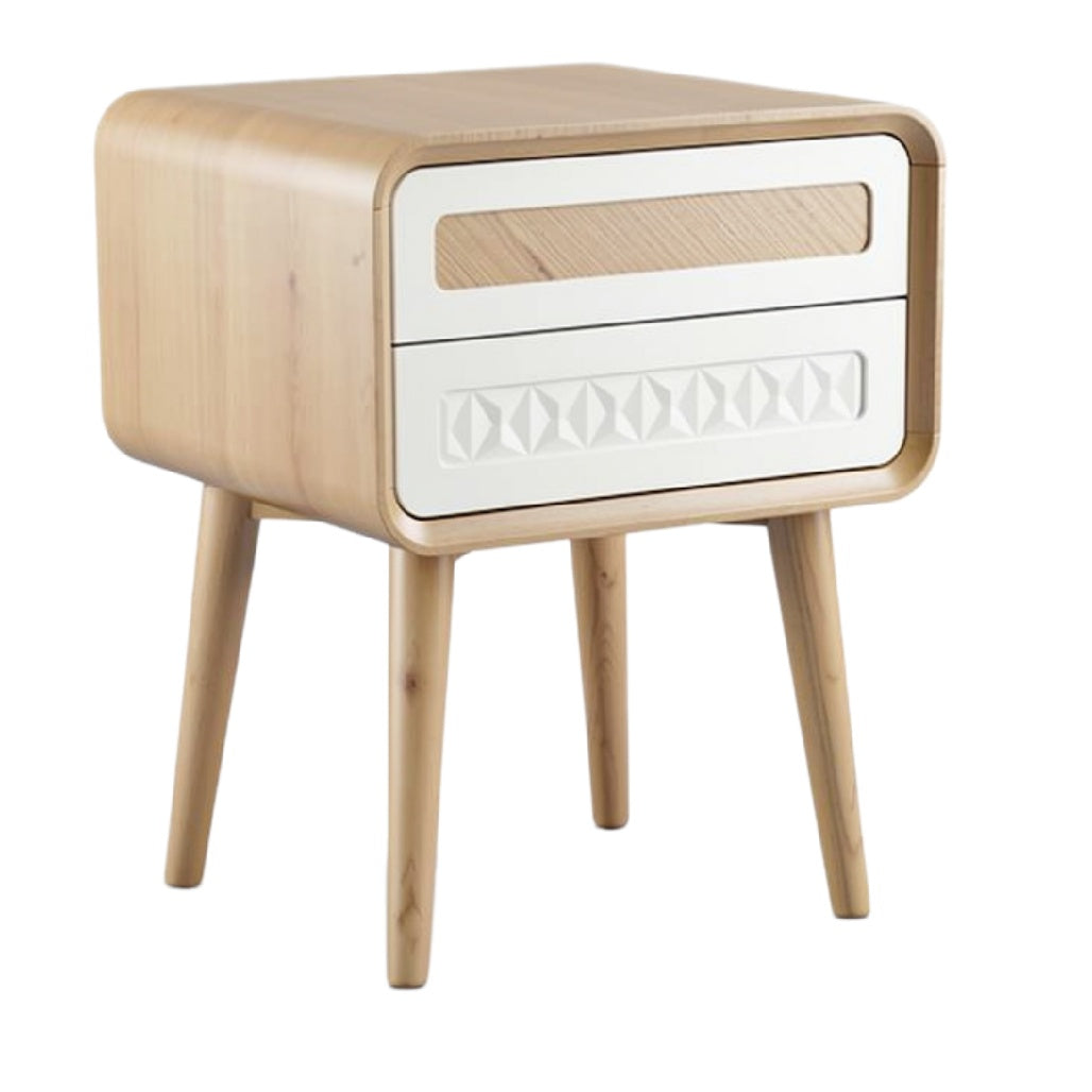 Moderne nachtkast met houten afwerking en geometrisch ontwerp