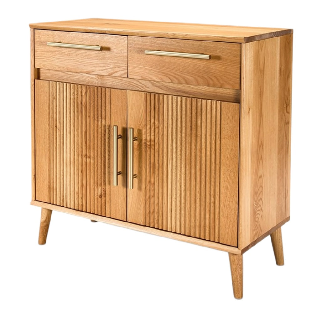 Moderne Houten Dressoir met Gouden Handgrepen en Lijnenpatroon