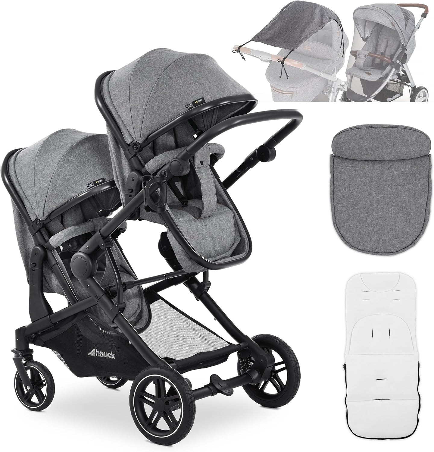 hauck Twin Dubbele kinderwagen, 2 babykuipen tot draaibare sportstoelen met ligpositie, broer en zussenwagen met insectennet en zonnezeil, UV50+, gemêleerd grijs