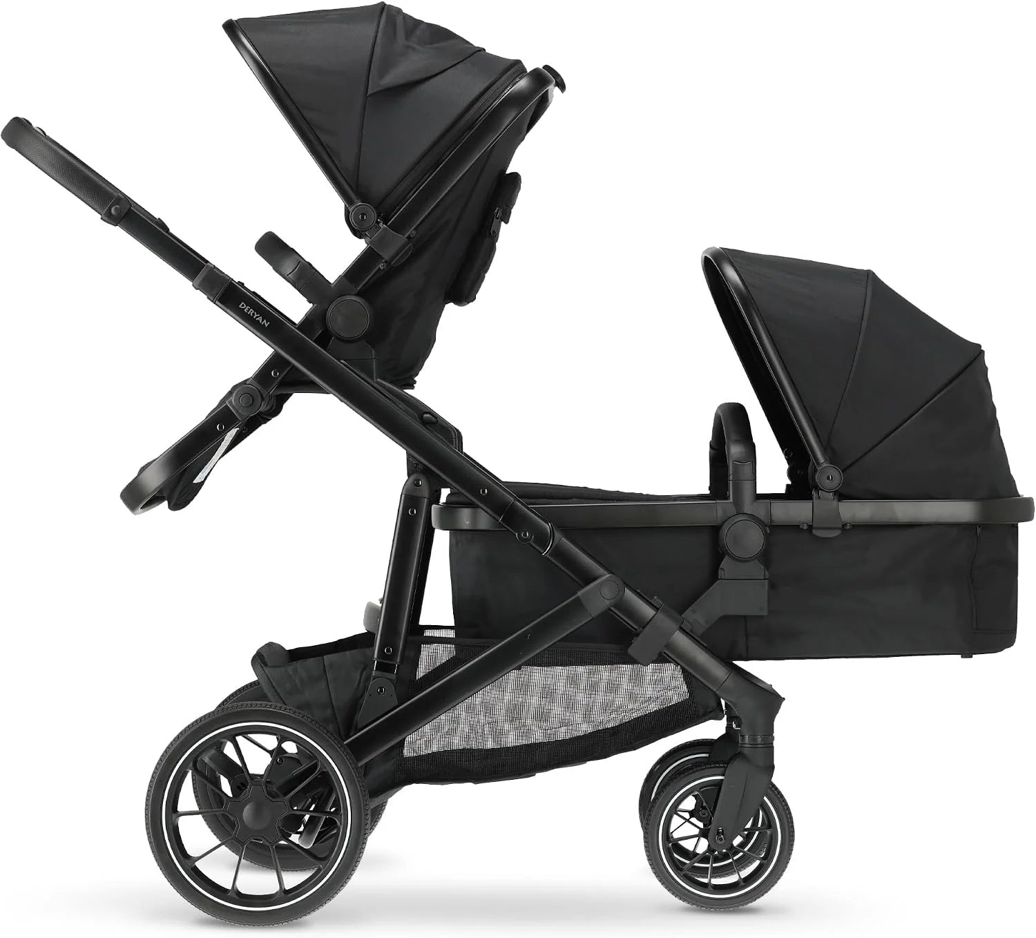 Deryan EVY V2 kinderwagen voor 2 kinderen voor pasgeborenen peuters en kleuters van kleuterleeftijd babykinderwagen buggy tot 50 kg babywagen reiskoffer 2-in-1 complete set zwart