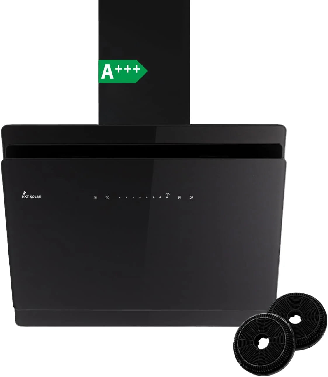 KKT KOLBE A+++ afzuigkap, 90 cm, 782 m³/h, circulatielucht, afvoerlucht, kopvrij, wandkap, schuine kap, zwart, glas, automatische naloop, SensorTouch, led-verlichting, SOLO9005S(Zwart Solo/60 cm)