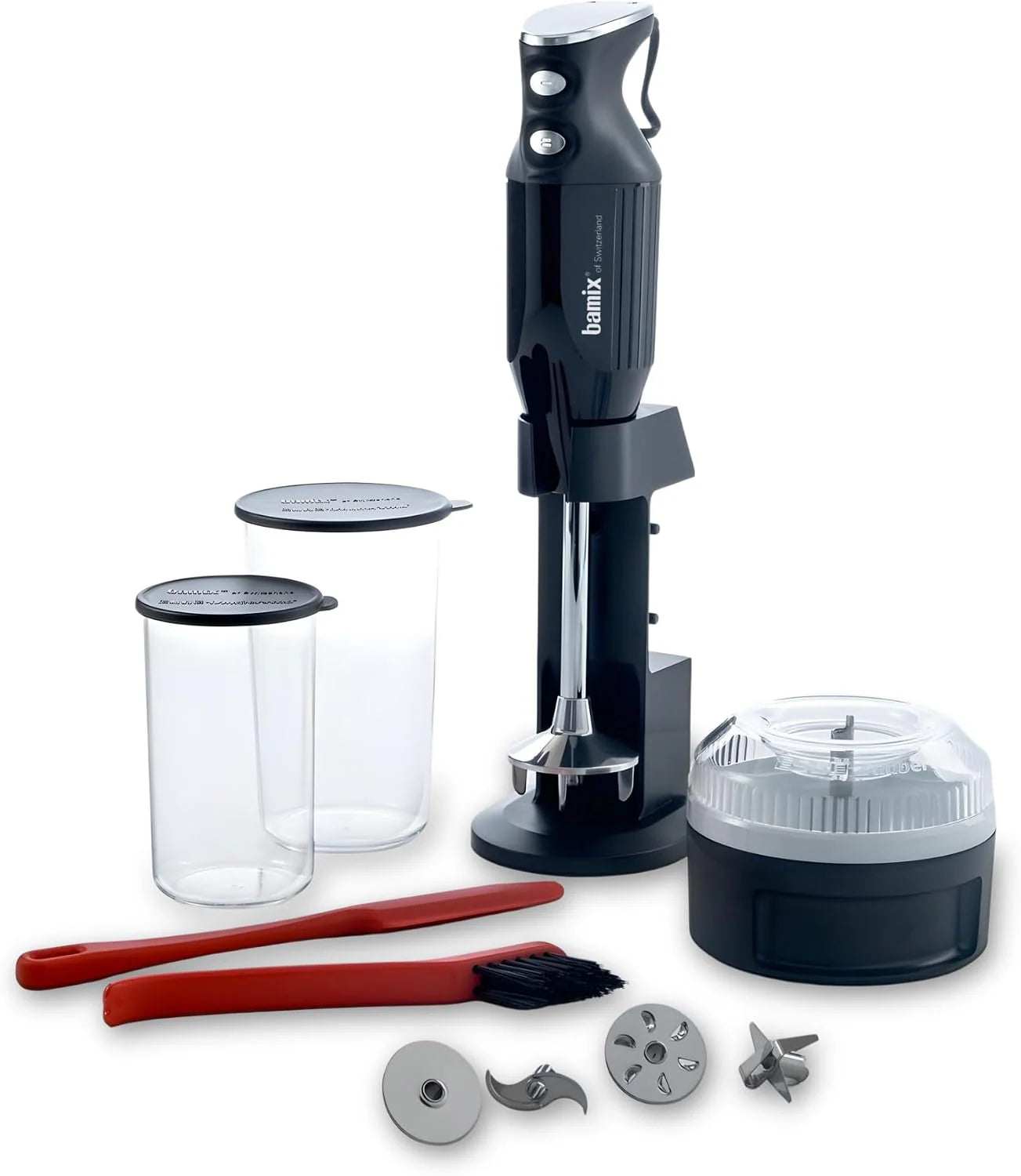 bamix Staafmixer Set M350 MAXX incl. standaard, 2 bekers, 4 opzetstukken, processor, spatel, reinigingsborstel, 300 Watt, Made in Switzerland, rood/chroom(zwart/chroom.)