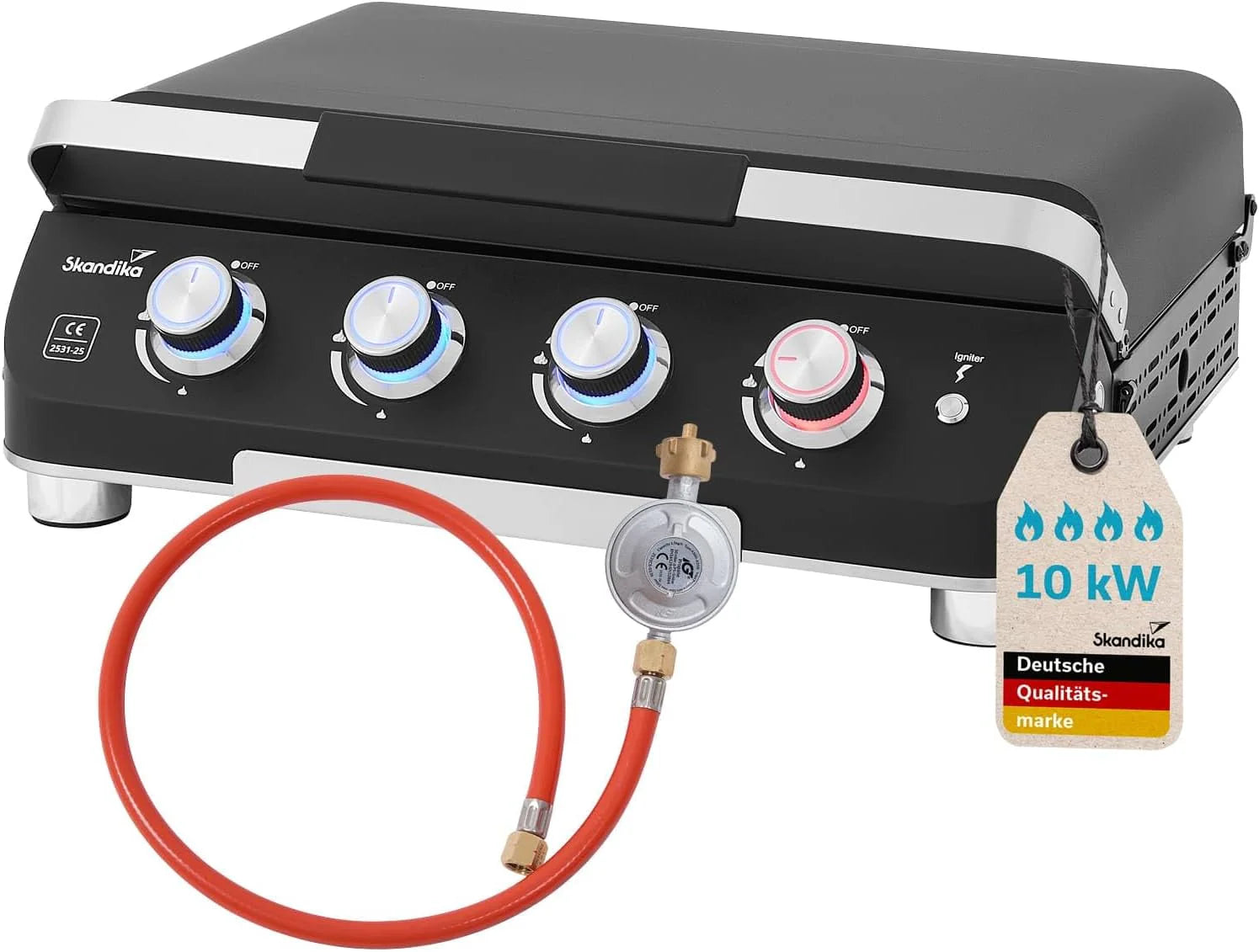 Skandika Plancha Palo Grill 4-branders Plus, gasplancha grillplaat met deksel, 4 branders, draagbare gasgrill met kookplaat, outdoor, camping, balkongrill, tafelgrill, grillplancha, gasbraadslede(4 branders, met deksel)