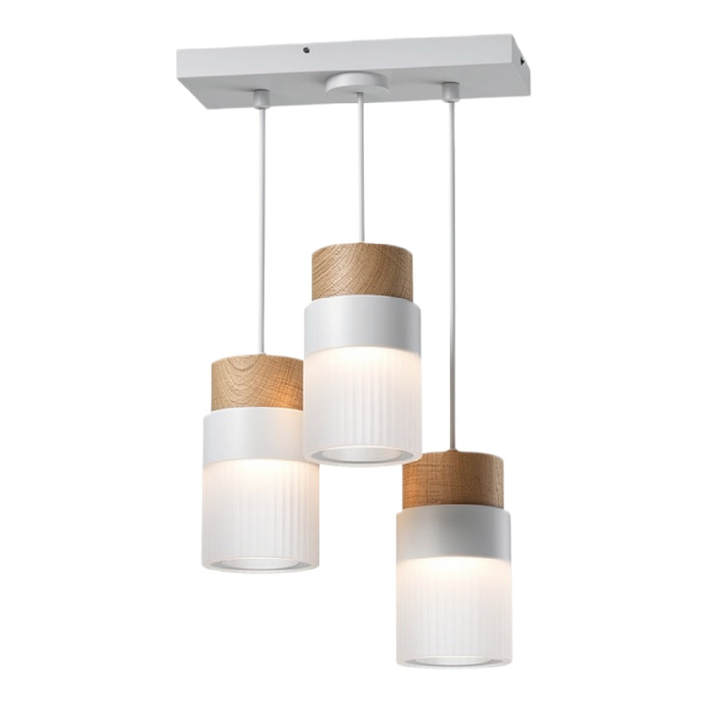**Moderne Hanglamp met Drie Verlichtingspunten en Houten Accenten**