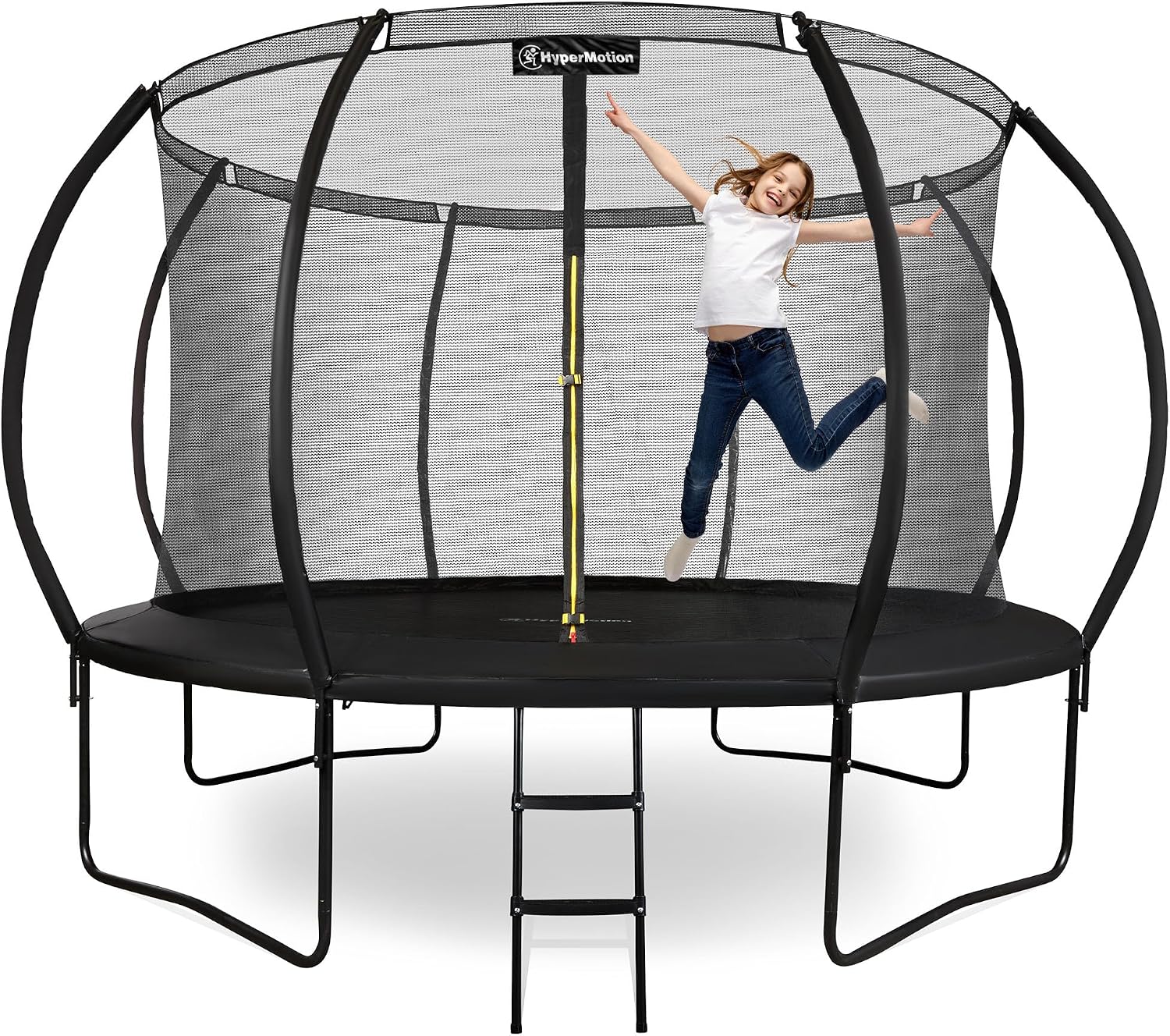 HyperMotion Tuintrampoline voor kinderen 3+, outdoor trampoline met ladder en binnennet voor huis en tuin, kinderspeelplaats, kindertrampoline, dubbele poten(12 ft zwart)
