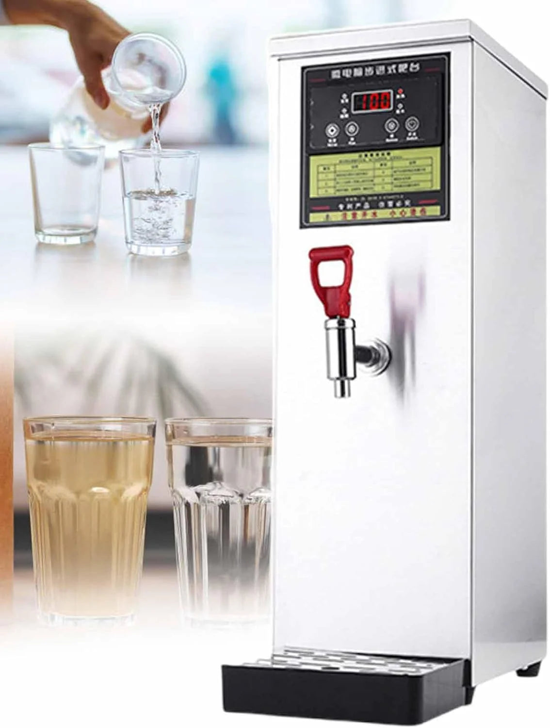 Warmwaterdispenser, 50 l, 2500 W, automatisch aanvullen, roestvrijstalen thee- en koffieverwarming, temperatuurweergave en timer, druppelkraan voor dranken(Zilver)