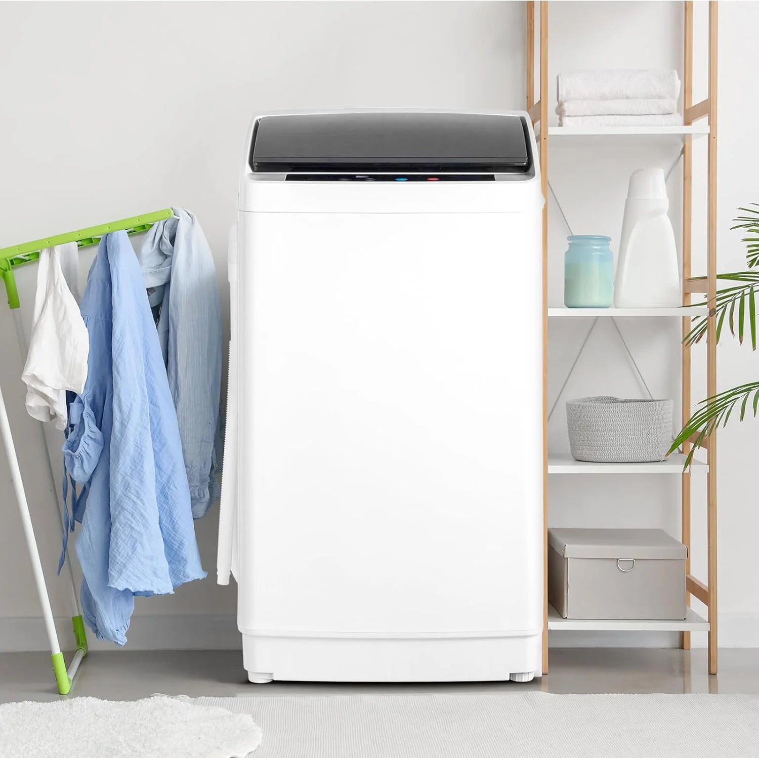 ROVSUN Toplader wasmachine 5 kg, wasmachine bovenlader met 8 wasprogramma's en 5 waterstanden, kleine wasmachine stil 60-70 dB, 24-uurs timer, 51 × 47 × 87 cm, wit