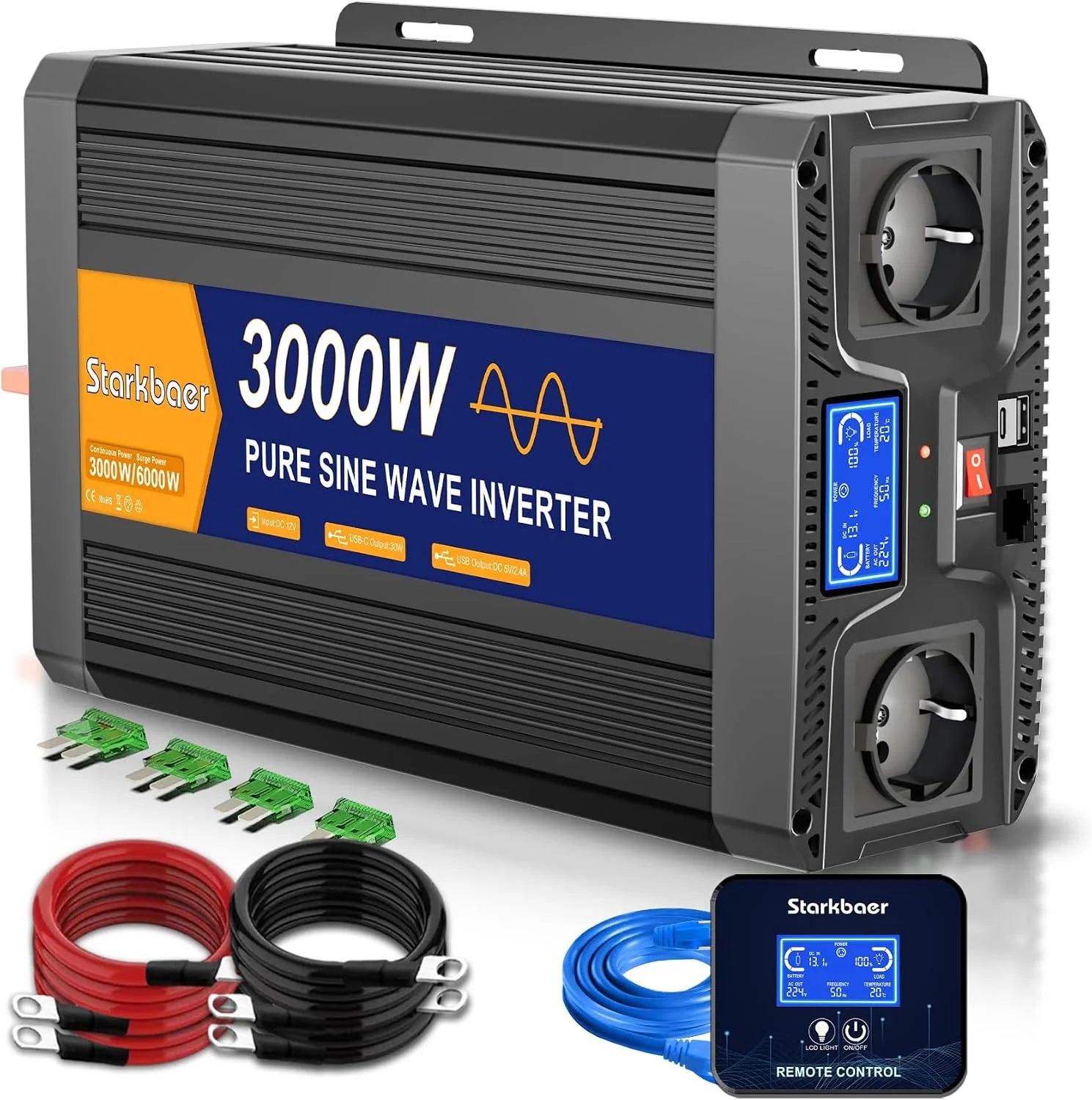 UPS 3000 W omvormer 12 V 220 V zuivere sinusomvormer transformator met 30 A lader, 2 EU-stopcontacten, 5 m afstandsbediening en LCD-scherm voor noodoproepen thuis, reizen buitenshuis(3000W 12V)