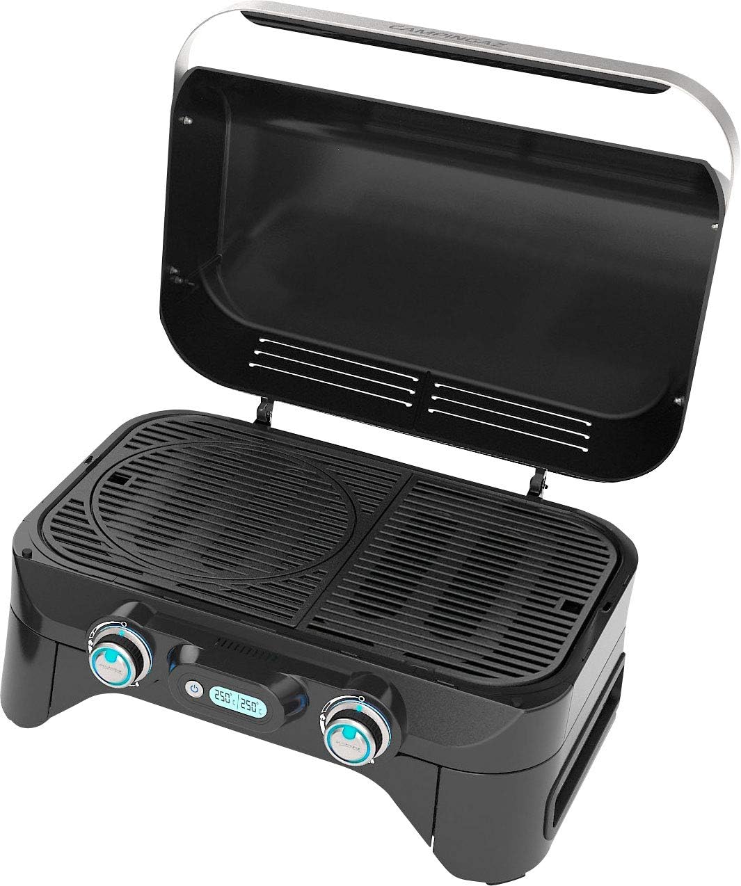 Campingaz Attitude 2100 LX Gasgrill, draagbare tafelgrill met 2 stalen branders, 5 kW vermogen, campinggasgrill met deksel, thermometer en gietijzeren grillrooster, zwart(Attitude 2100 EX/Single)