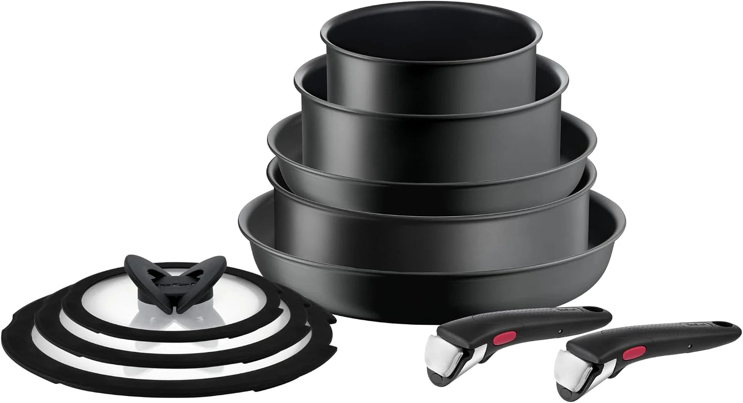 Tefal L76491 Ingenio Ultimate 10-delige pannenset, stapelbaar, anti-aanbaklaag, geschikt voor inductie, thermosignaal, temperatuurweergave, zwart