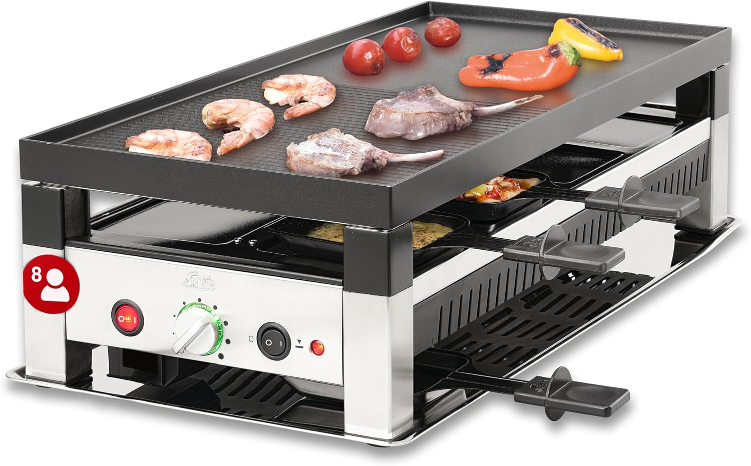 Solis 5in1 tafelgrill met 1400 W, elektrische grill voor 8 personen, indoor grill met raclette- en mini-wokpannetjes, elektrogrill voor balkon, tuin en keuken, roestvrij staal