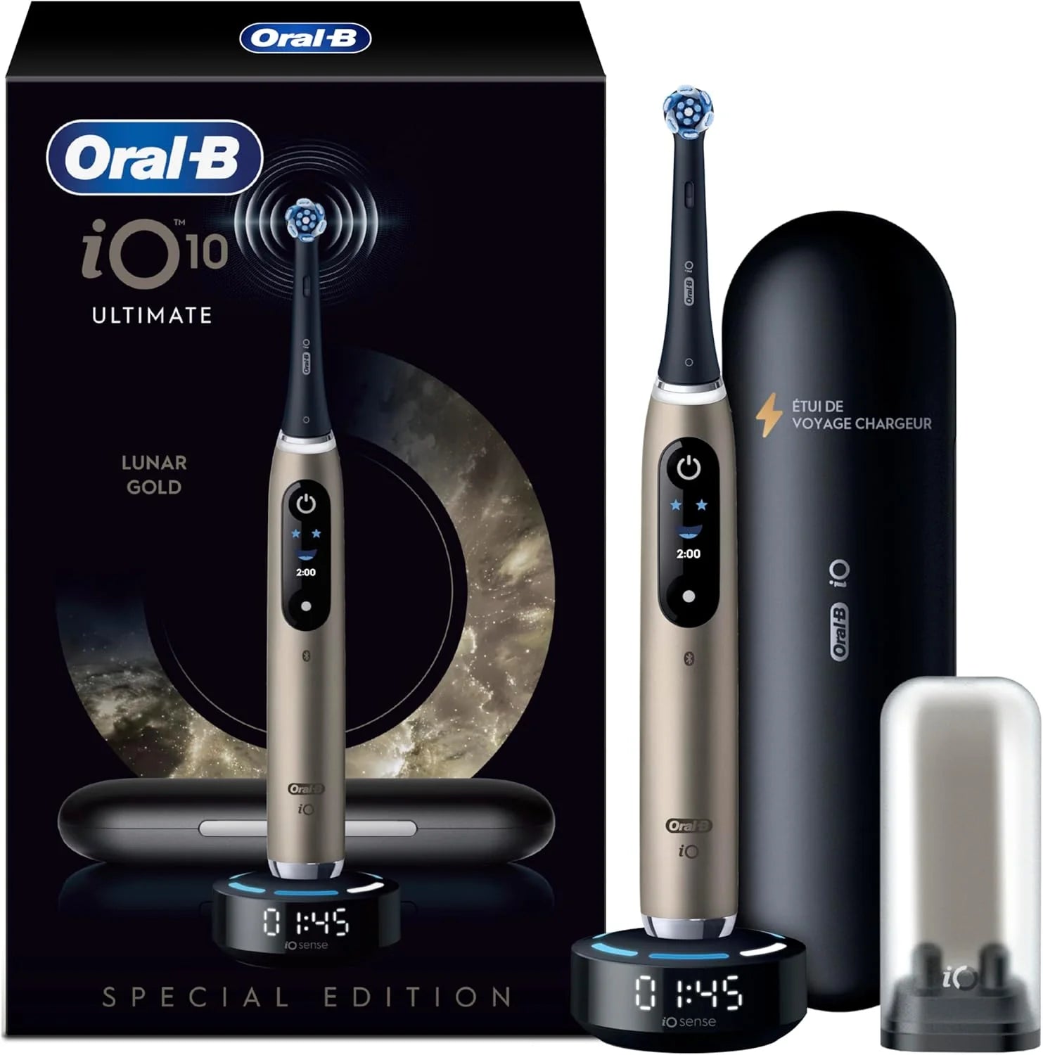 Oral-B iO Series 10 Elektrische tandenborstel/elektrische tandenborstel, incl. 1 opzetborstel, 1 iO Sense snellaadstation, 1 oplaad-reisetui, 1 opzetborstel-etui, lunar gold