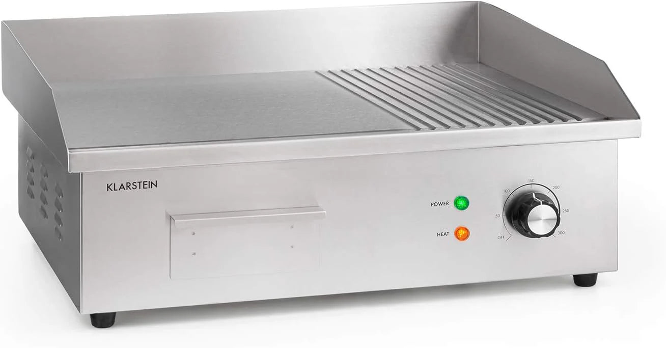 Klarstein Elektrische grill, grillplaat, elektrische grillplaat, tafelgrill, elektrische grill van roestvrij staal, spatbescherming en opvangbak, glad en geribbeld XL grilloppervlak: 54,5 x 35 cm(Grillfläche: 54,5x35cm (2/3 glatt1/3 geriffelt))