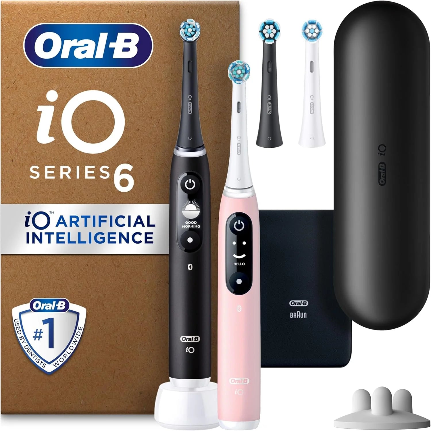 Oral-B iO6 Duopack Zwarte/Roze Elektrische Tandenborstels, 4 Opzetborstels, 1 Reisetui,Etui voor de oplader, Opzetborstel Houlder