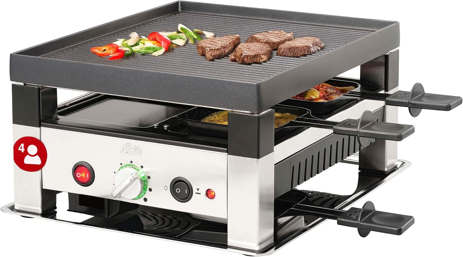 Solis Grill 5-In-1, Raclette/Tafelgrill/Wok/Crêpes/Pizza, Roestvrij Staal, Tafelgrill 5-In-1, Meerkleurig (voor 8 personen)(Für 4 Personen)