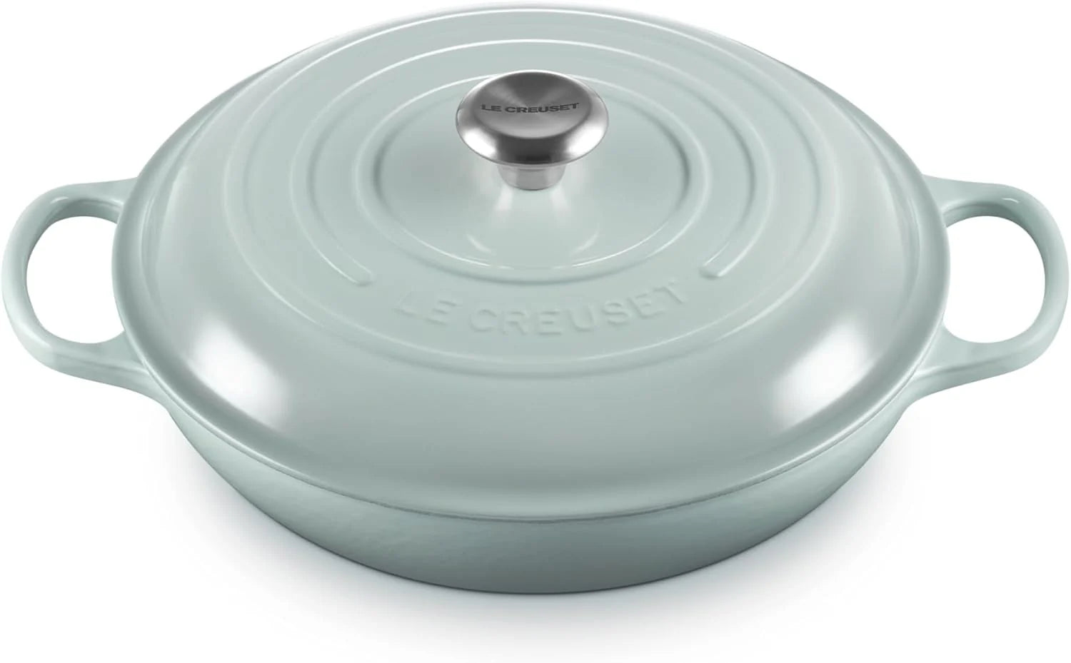 Le Creuset Kenmerkende geëmailleerde gietijzeren ondiepe braadpan met deksel, 26 cm, 2 liter, Bamboo(Zeezout/3.5 Qt)