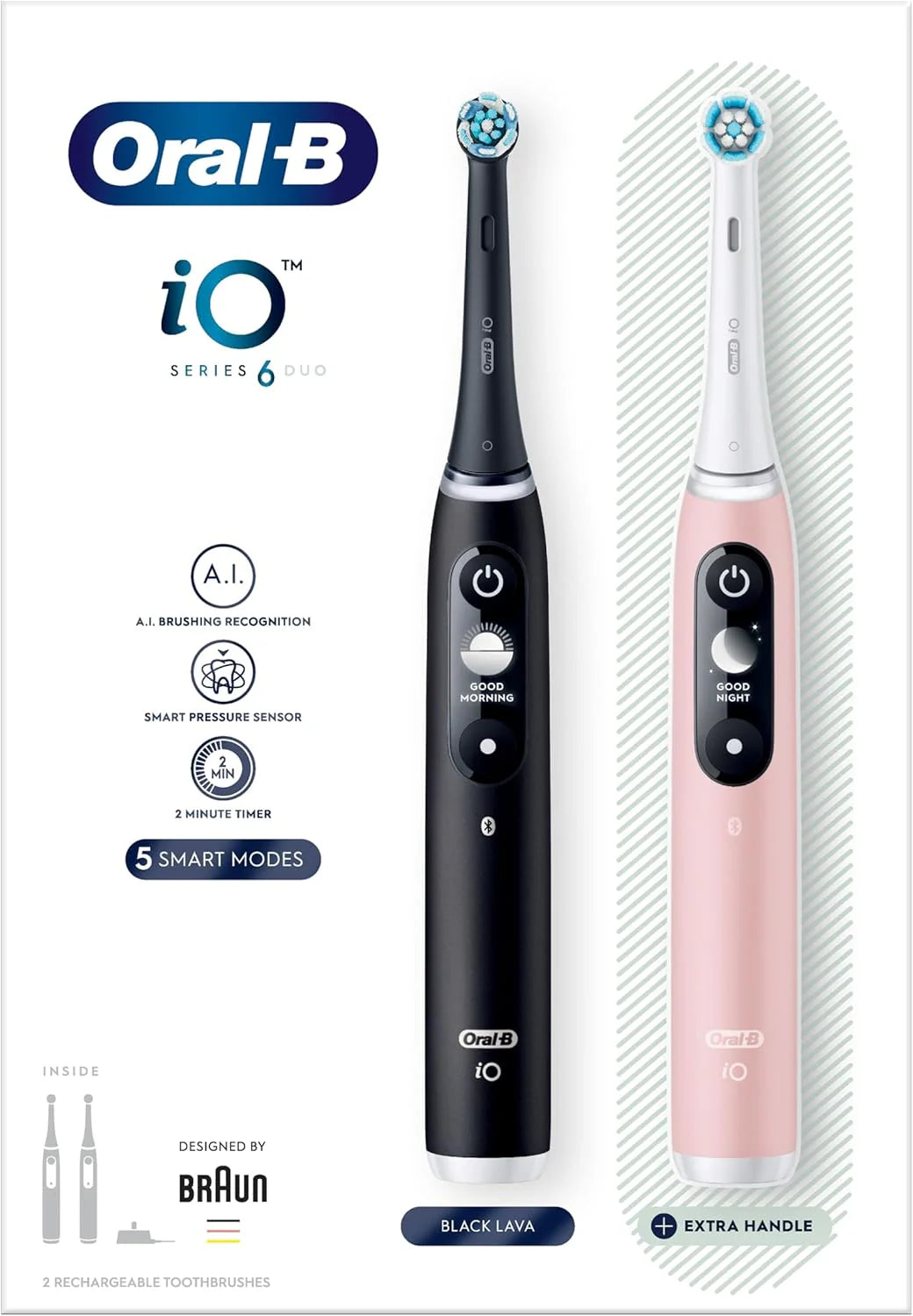 Oral-B iO6 2x elektrische tandenborstels voor volwassenen, 2 handgrepen, 2 tandenborstelkoppen, 5 modi met tanden bleken, Britse 2-polige stekker, zwarte lava en roze zand, (verpakking kan variëren)