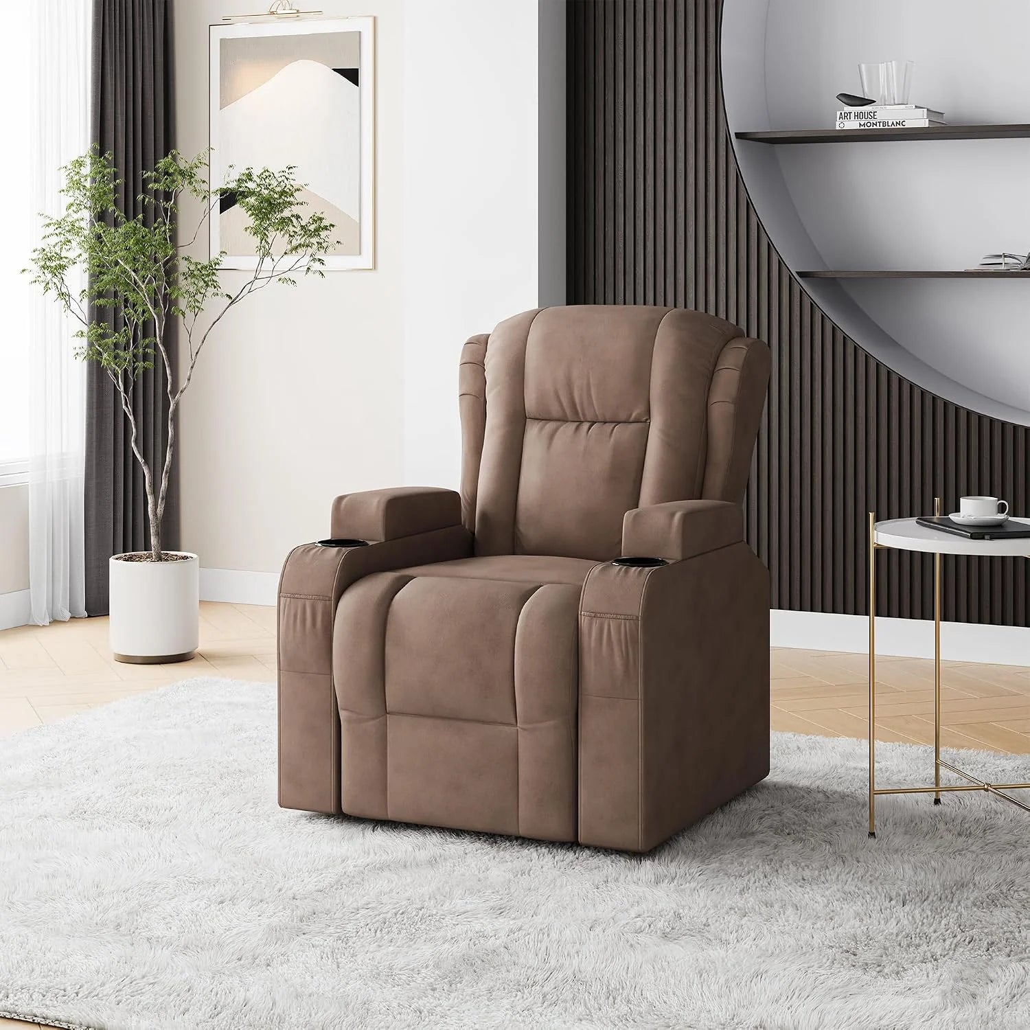 Massagestoel elektrisch met opstahulp, relaxstoel, televisiestoel met ligfunctie 160°, verwarmingsfunctie en ligfunctie, enkele bank, tv-stoel senioren, gestoffeerde stoel met voetensteun(Bruin)